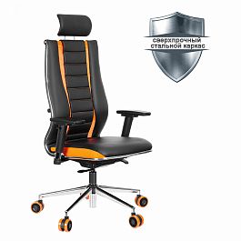 Кресло компьютерное МЕТТА "ErgoLife" 10 B2-160D, 2D-подголовник, экокожа/сетка, черное/оранжевое - Фото предпросмотра