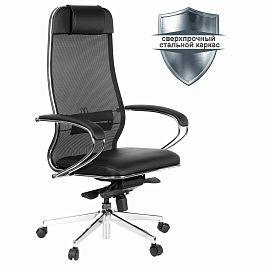 Кресло офисное МЕТТА "SAMURAI" Comfort S, хром, сиденье мягкое, ткань-сетка/экокожа, черное - Фото предпросмотра