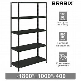 Стеллаж металлический BRABIX "ГРАФИТ MS KD-180/40-5", лофт, 1800х1000х400 мм, 5 полок, 291269, S240BR144593 - Фото предпросмотра